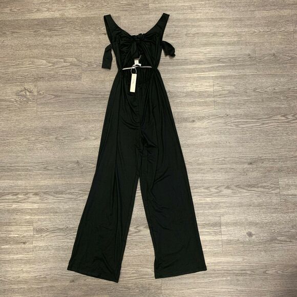 Capella Long Jumpsuit Women's Size M Black Open Front Tie Wide Leg Stretch - Picture 5 of 10